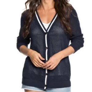 Roxy City Escape Navy White Stripe Button Open‎ Knit Cardigan Sweater Size 6